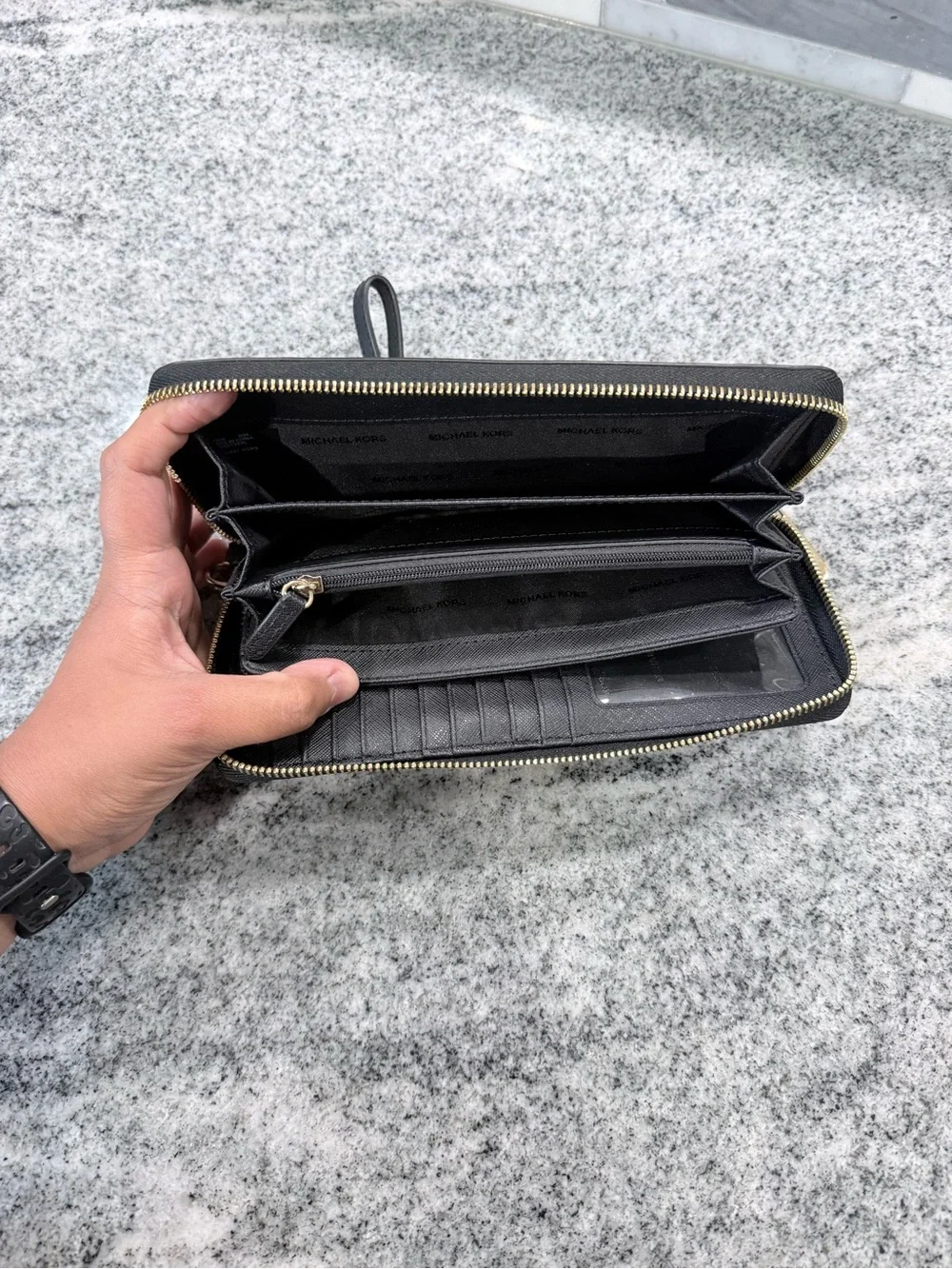 Michael Kors Black Saffiano Leather Zip Wristlet Wallet with Gold Logo